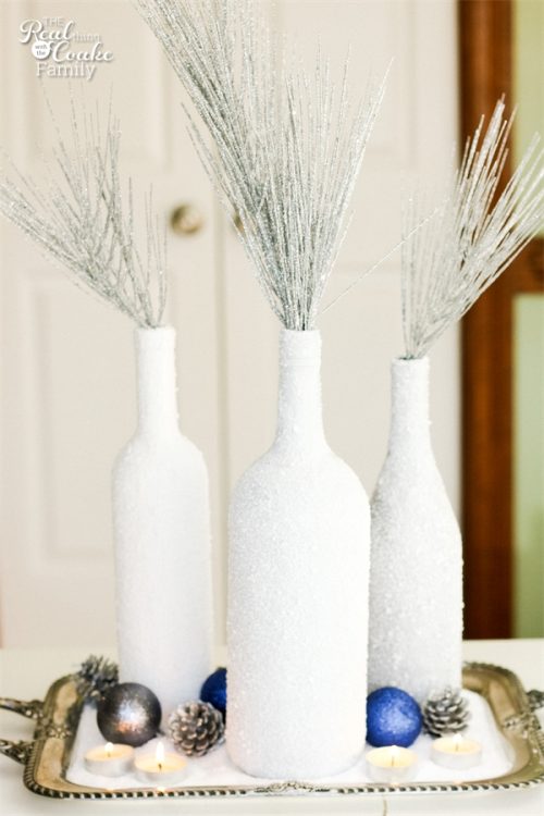 Gorgeous DIY winter Centerpiece made from wine bottles and epsom salt. This will be perfect in my home decor! Gorgeous DIY winter Centerpiece made from wine bottles and epsom salt. This will be perfect in my home decor!