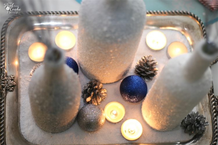 Gorgeous DIY winter Centerpiece made from wine bottles and epsom salt. This will be perfect in my home decor! Gorgeous DIY winter Centerpiece made from wine bottles and epsom salt. This will be perfect in my home decor!