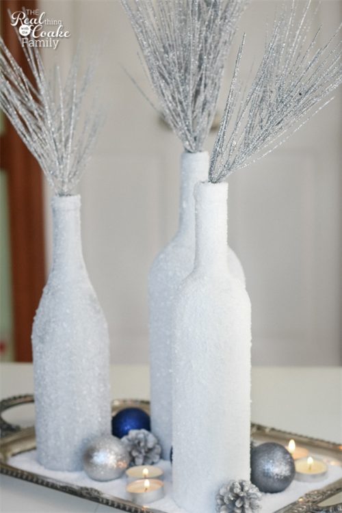 Gorgeous DIY winter Centerpiece made from wine bottles and epsom salt. This will be perfect in my home decor! Gorgeous DIY winter Centerpiece made from wine bottles and epsom salt. This will be perfect in my home decor!