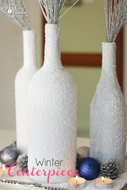 Gorgeous DIY winter Centerpiece made from wine bottles and epsom salt. This will be perfect in my home decor! Gorgeous DIY winter Centerpiece made from wine bottles and epsom salt. This will be perfect in my home decor!