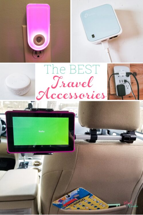 collage of travel accessories for a road trip List of travel accessories essential for a family road trip. Combo list of tech gadgets and accessories to make travel with the family easier and more fun.
