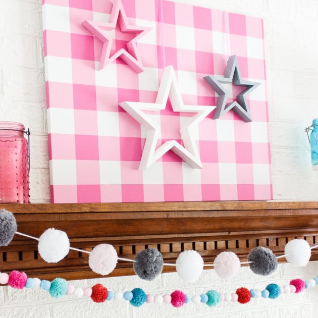 pink, white and gray stars on pink gingham background