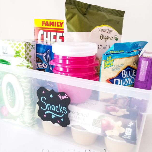 road trip snacks in plastic bin