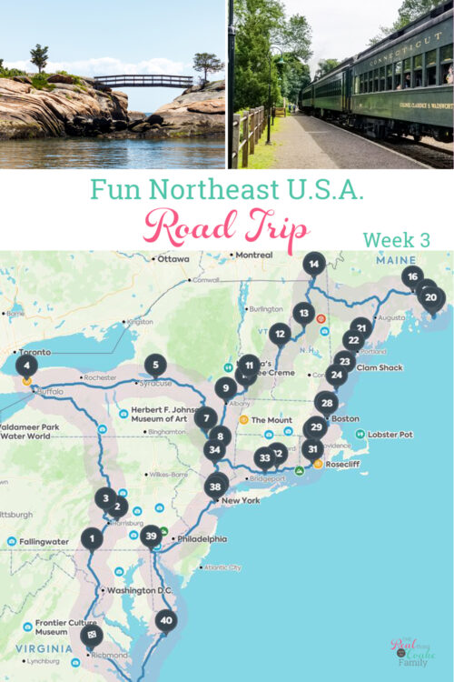 Family road trip through the Northeast United States. Ideas of things to do on an East Coast family road trip to Boston, Rhode Island, and Connecticut. map of northeast road trip