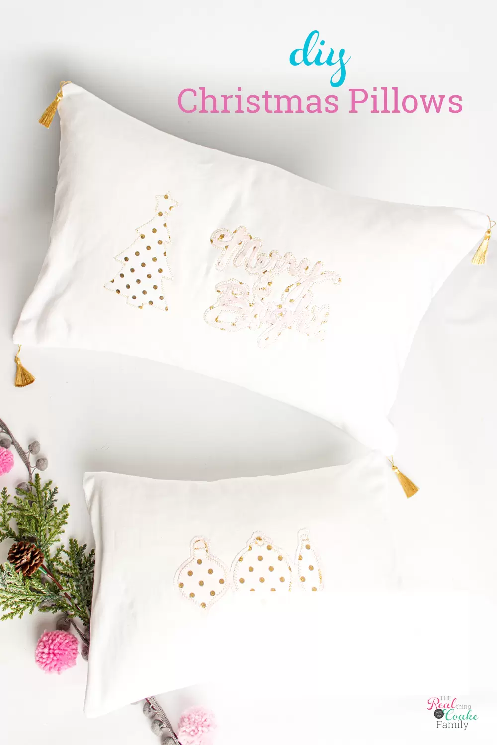 Learn to make these cute white, pink, and gold DIY Christmas pillows. Full tutorial to cut appliques using Cricut as well as how to sew the pillows. 2 diy Christmas pillows